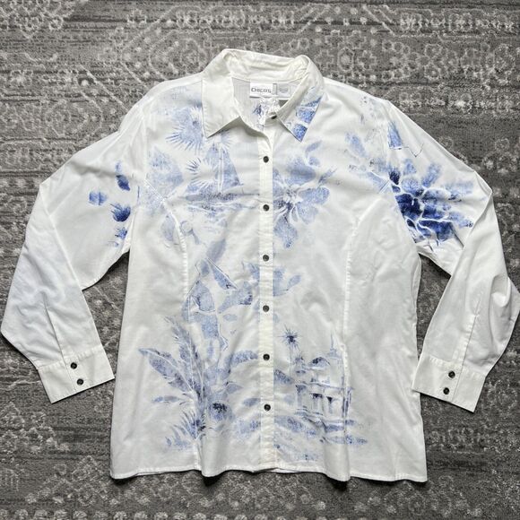 Chico's Button Up Shirt Blue White Floral Beach Hawaiian Blouse Top 3 XL/16 NWOT - Picture 1 of 8